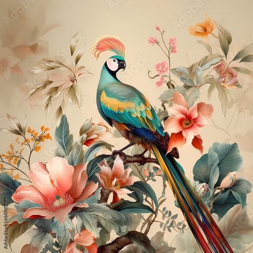 chinoiserie bright colour seamless pattern with bird and flower