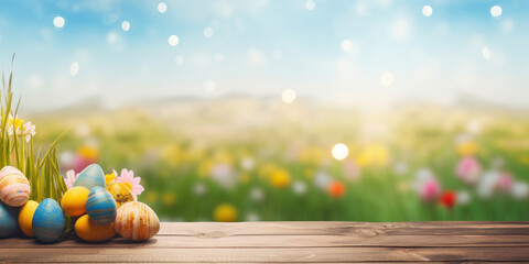 Wooden table with easter eggs and blurred spring meadow background
