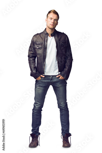 Fotografie Portrait, biker fashion and man isolated on transparent png background with confidence