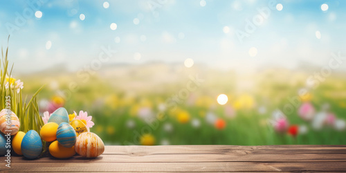 Wooden table with easter eggs and blurred spring meadow background © red_orange_stock