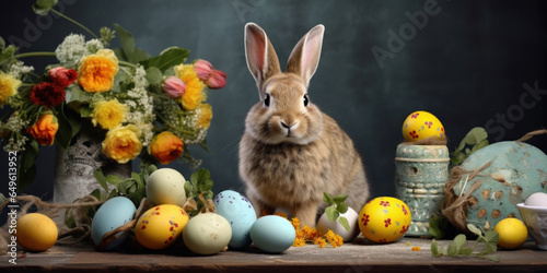 Easter composition with rabbit and retro festive decoration © red_orange_stock