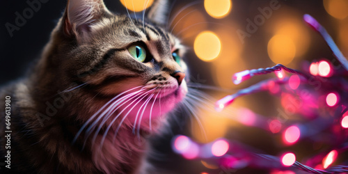 Close up cat on colorful bokeh christmas background