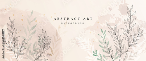 Abstract foliage art background vector. Botanical watercolor hand drawn leaves paint brush line art. Design illustration for wallpaper, banner, print, poster, cover, greeting and invitation card.
