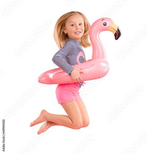 Child jump in portrait with inflatable, swimwear and girl has summer fun isolated on transparent png background. Holiday, bathing suit and swimming with protection, flamingo pool float and energy photo