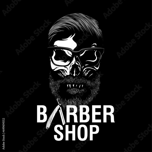 Barber shop design with skull, beard, hair and razor design element for logo, poster, card, banner, emblem, t shirt. Vector illustration