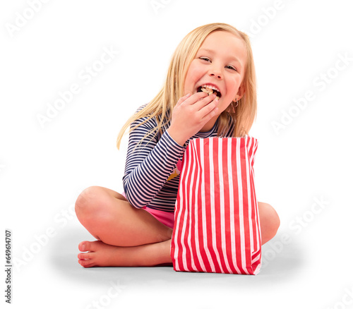 Girl kid is eating popcorn, happy with food or cinema snack, movie and relax with paper bag isolated on png transparent background. Youth, entertainment and corn, hungry and streaming with smile