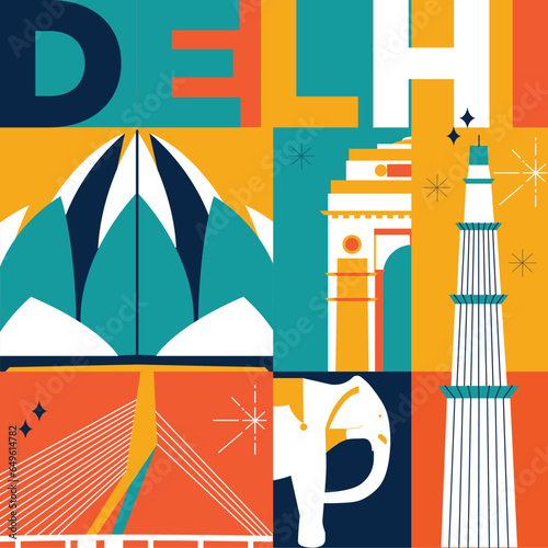 Delhi culture travel set, famous architectures and specialties in flat design. Business travel and tourism concept clipart. Image for presentation, banner, website, advert, flyer, roadmap, icons