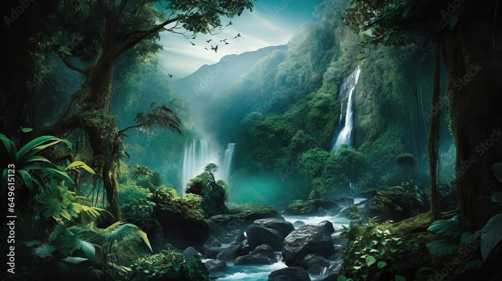 a painting of a waterfall in a jungle with a man sitting on a rock. generative ai a painting of a waterfall in a jungle with a man sitting on a rock. generative ai