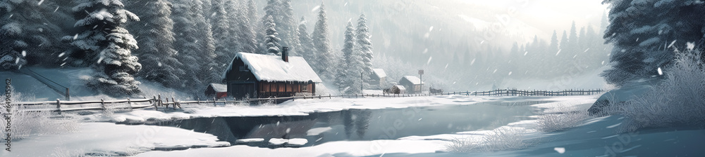 Winter landscape with houses and a lake in the forest, generative AI.