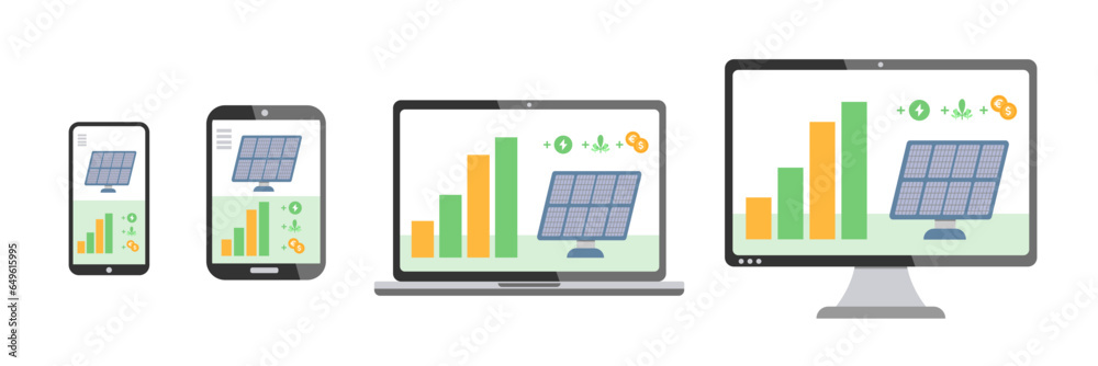 Inforgraphic with pv cell panels on different monitors. Solar panels от ...