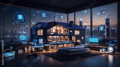 an smart house full of technology inside a penthouse with a view of city and a giant bed
