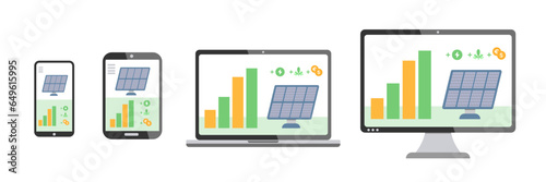 Inforgraphic with pv cell panels on different monitors. 
Solar panels от realistic set of monitor, laptop, tablet, smartphone. Stock Vector illustration.