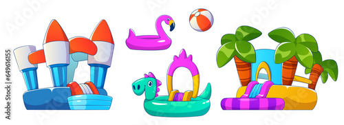 Aqua park inflatable water slide and trampoline, ball and ring for kids activity. Cartoon vector illustration set of bouncy attraction for amusement pool concept - castle and island with palm trees.