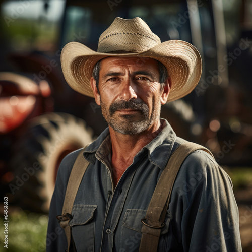 farmer stands on a farm against the background of a tractor plowing a field