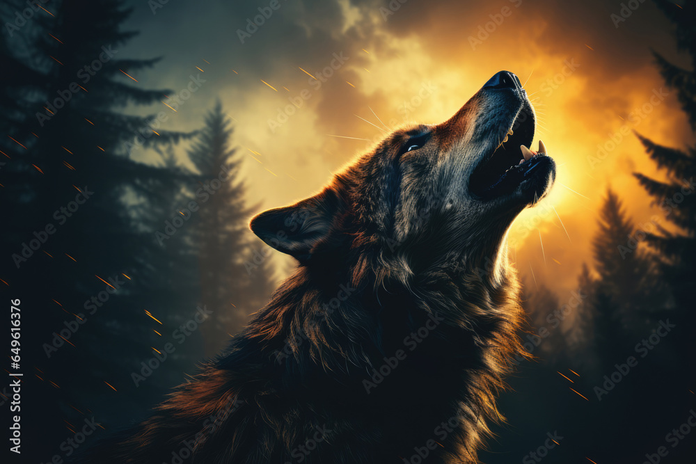 Wolf howls at the moon in the forest