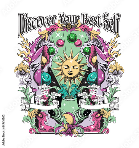 Discover Your Best Self  .Retro 70's psychedelic hippie mushroom illustration print with groovy slogan for man - woman graphic tee t shirt or sticker poster - Vector