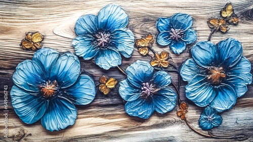 Blue flowers painted in oil on a wooden surface, generative AI. © puhimec