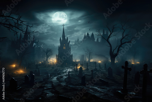 Mystical old scary cemetery with burning lights at night on a full moon
