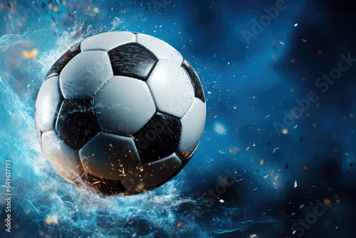 flying soccer ball on a dark background