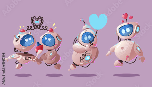 Cute ai robot bot character fall in love cartoon illustration. Happy technology mascot design with heart. Female and male artificial intelligence feelings and sympathy. Valentine cyborg emotion