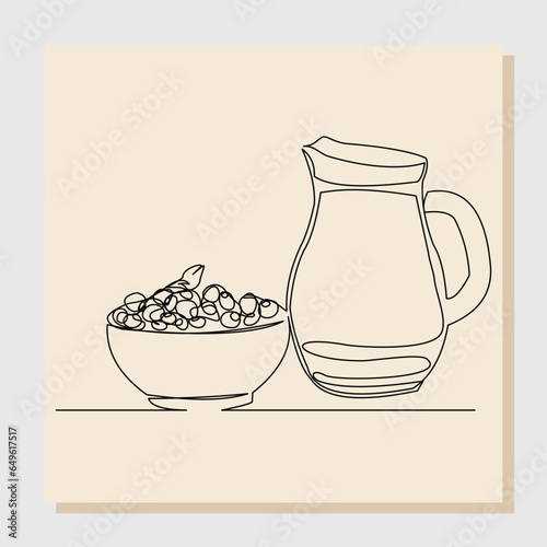 Continuous line drawing of a bowl of cereal breakfast and bottle pitcher of milk. Single line concept of healthy food. Vector illustration