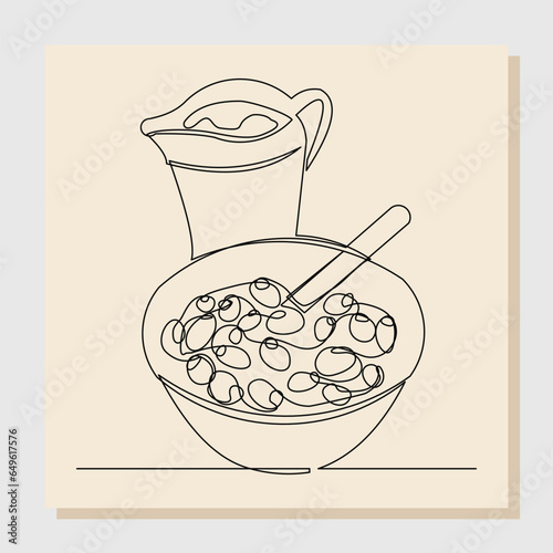 Continuous line drawing of a bowl of cereal breakfast and bottle pitcher of milk. Single line concept of healthy food. Vector illustration