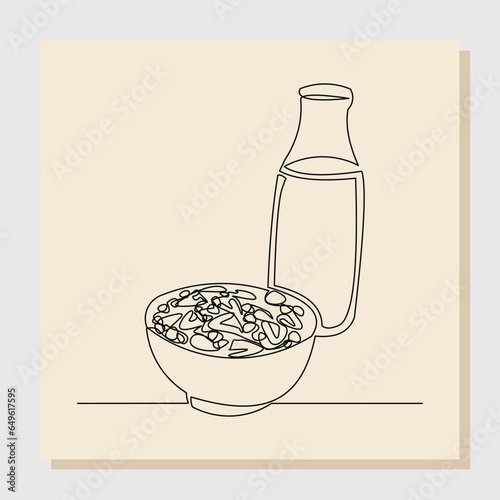 Continuous line drawing of a bowl of cereal breakfast and bottle pitcher of milk. Single line concept of healthy food. Vector illustration