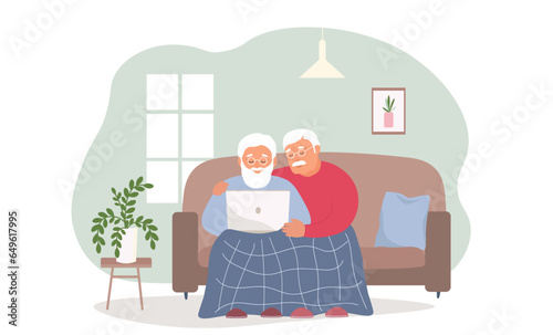 A couple of old people are sitting together on the sofa under a blanket using a laptop. Happy elderly men together. Vector flat graphics.