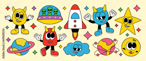 Set of 70s groovy element vector. Collection of cartoon characters, doodle smile face, UFO, UAP, rocket, alien, galaxy, spaceship. Cute retro groovy hippie design for decorative, sticker, kids.