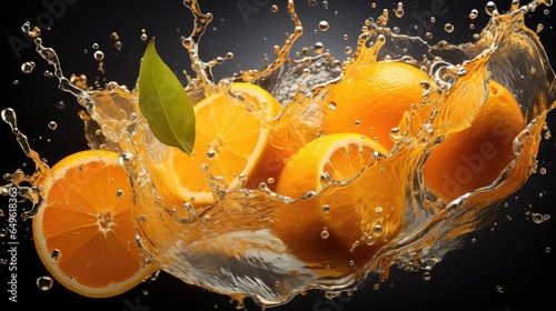 flying fresh orange splashed with water on black background and blur