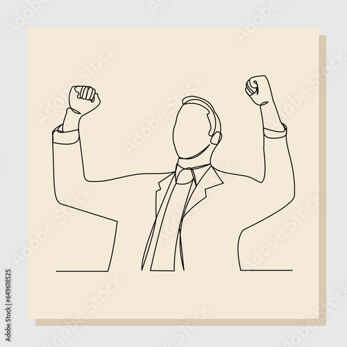 Continuous single one line drawing of cheering businessman holding fists. One line art concept of business success. Vector illustration.