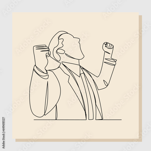 Continuous single one line drawing of cheering businessman holding fists. One line art concept of business success. Vector illustration.