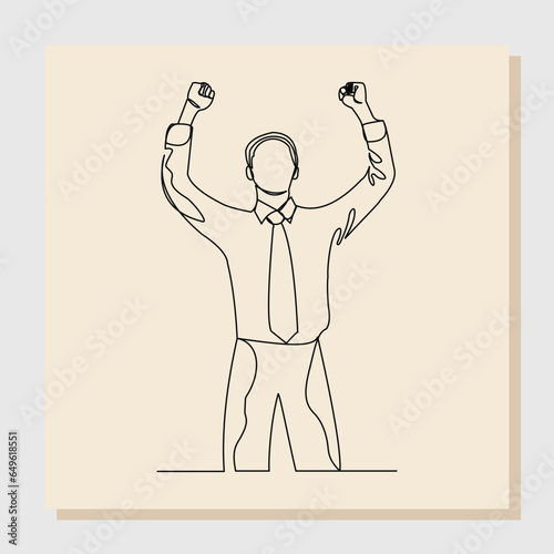 Continuous single one line drawing of cheering businessman holding fists. One line art concept of business success. Vector illustration.