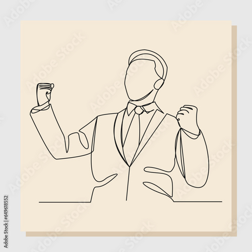 Continuous single one line drawing of cheering businessman holding fists. One line art concept of business success. Vector illustration.