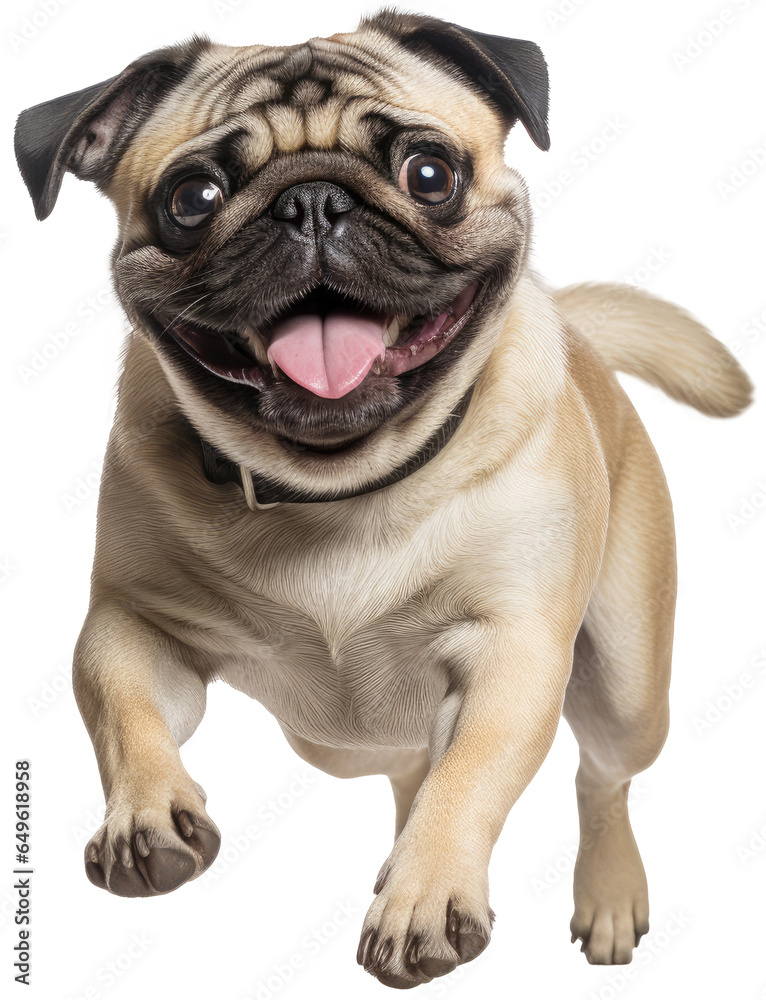 running happy pug dog isolated on a white background as transparent PNG