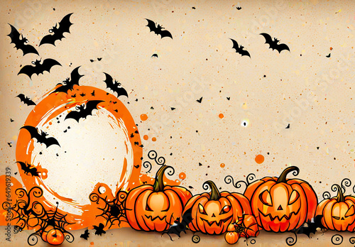 illustrative drawing for halloween decorations, pumpkins and bats. Decoration
