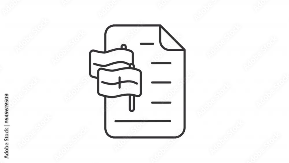 Global agreement line animation. Document paper with two waving flags animated icon. Conflict resolution. Black illustration on white background. HD video with alpha channel. Motion graphic Global agreement line animation. Document paper with two waving flags animated icon. Conflict resolution. Black illustration on white background. HD video with alpha channel. Motion graphic