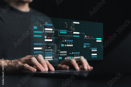 Engineer working with database for digital data design or cyberspace network and connection. Information science system analysis, planning and development. Big data program software management concept