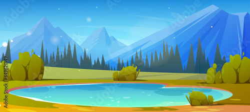 Cartoon landscape with small lake  green meadow  trees and pines in forest and high peaks of mountains. Horizontal panoramic summer scene with water pond and rocky hills with blue clear sky.