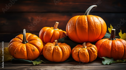 laot of pumpkins isolated on brown dark wood photo