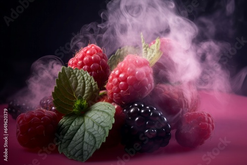 Fototapeta Naklejka Na Ścianę i Meble -  Berries fruits pink smoke. Generate Ai