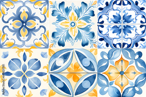 Watercolor yellow and blue Spanish seamless tiles. Lisbon pattern, tile collection. Portuguese ornamental background