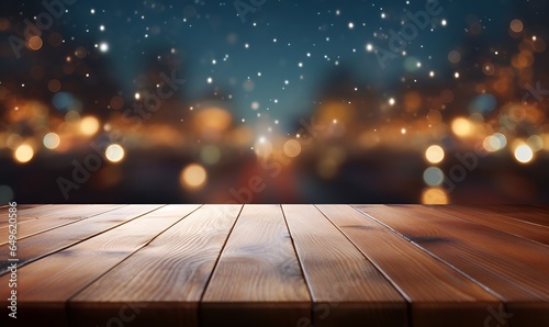 wooden table with blurry night background, ai generative