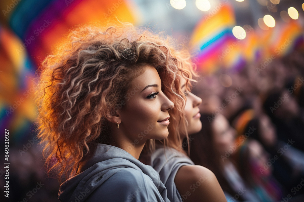 Side view of two lesbians in love with a rainbow flag at an LGBT demonstration Side view of two lesbians in love with a rainbow flag at an LGBT demonstration