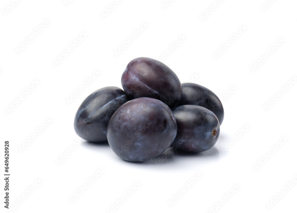 Plum Isolated, Whole Blue Prune, Ripe Fresh Plums, Dark Blue Healthy Fruits