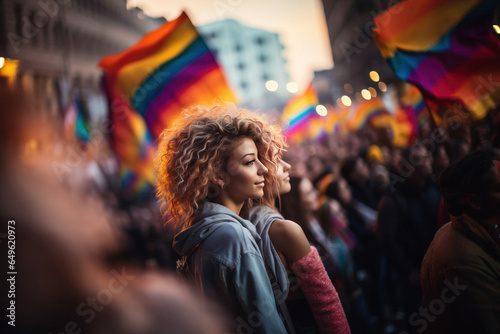 Side view of two lesbians in love with a rainbow flag at an LGBT demonstration