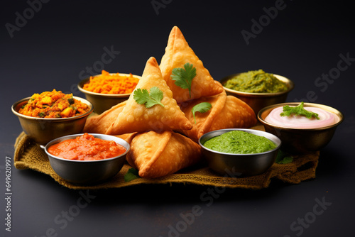 Assortment of vegetarian Indian snacks sam, generative ai
