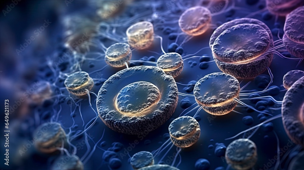 Human peripheral blood mononuclear cells (PBMC) cells under a microscope background image illustration - obrazy, fototapety, plakaty 
