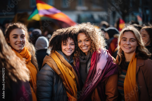 Group of young lesbian girls hold lgbt flag at demonstration