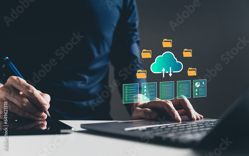 Database storage cloud technology file data transfer sharing, cyber, big data information for financial online marketing, internet banking application or computer download upload backup cloud drive.